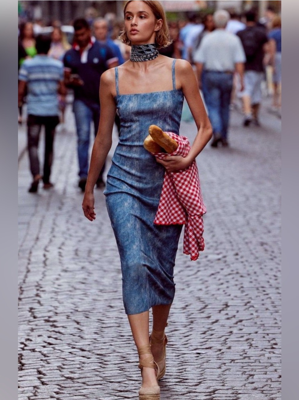 Zara Blue Denim-Look Slip Dress with Light Gray Trim